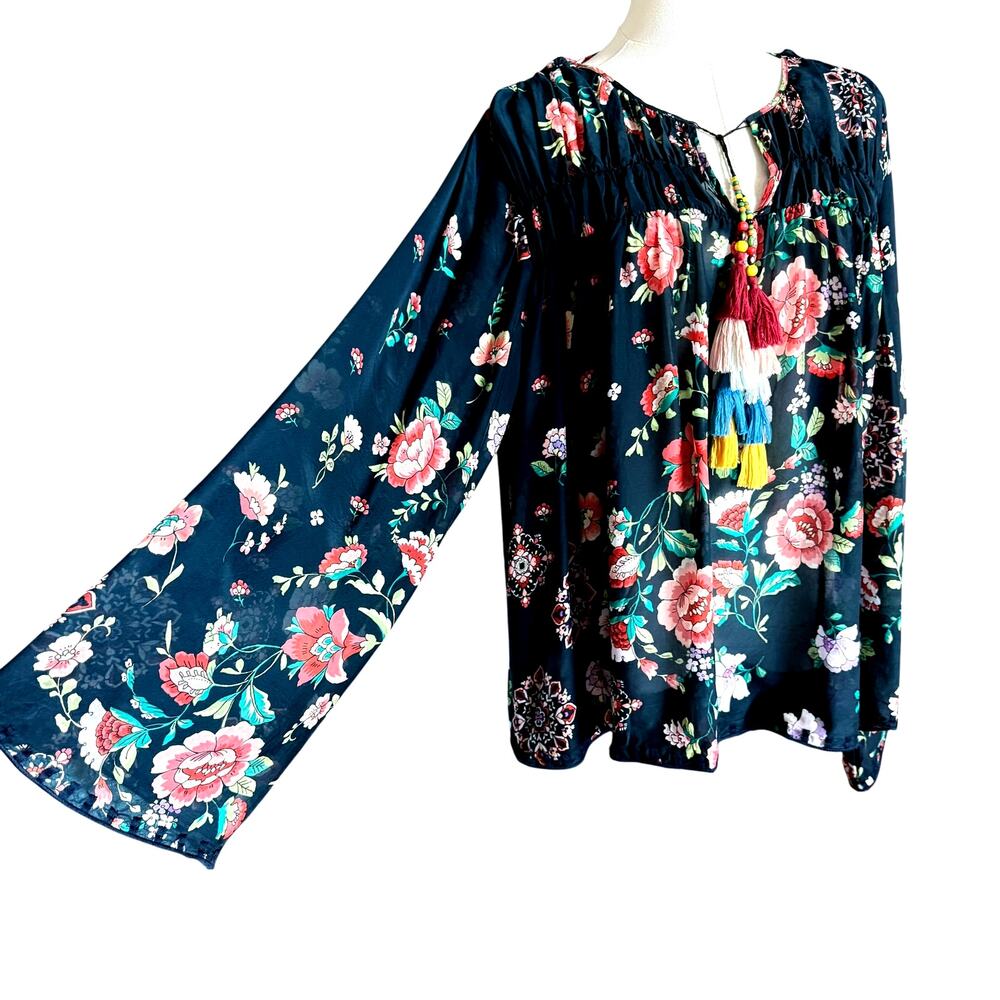 Johnny Was Floral Peasant Blouse Large Boho Tassel Tie Rayon Top Embellished - Picture 3 of 10